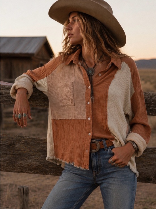 NEW IN Tops - New In Color Block Cotton Gauze Button Front Shirt | Boho Raw Hem | Western